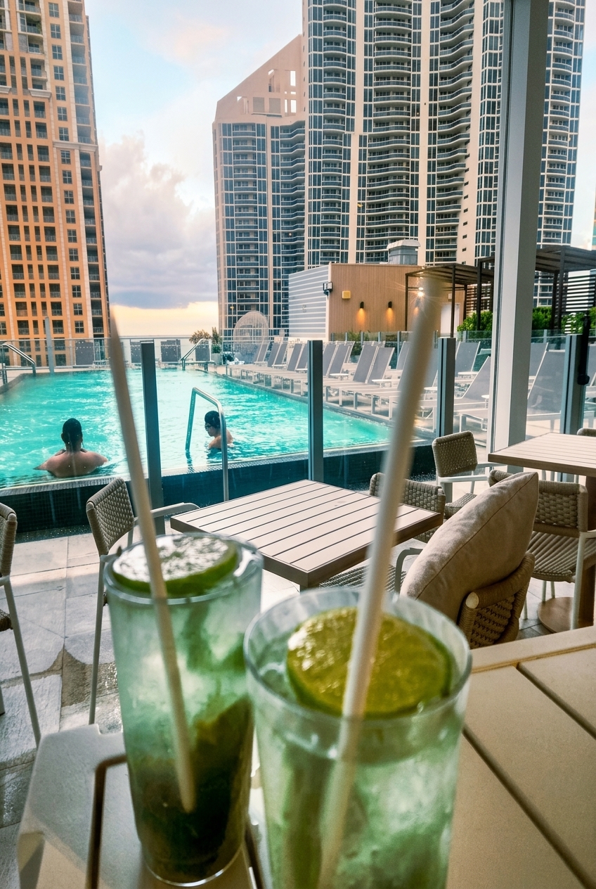 A cold drink on the rooftop, the skyline arranged like a set.