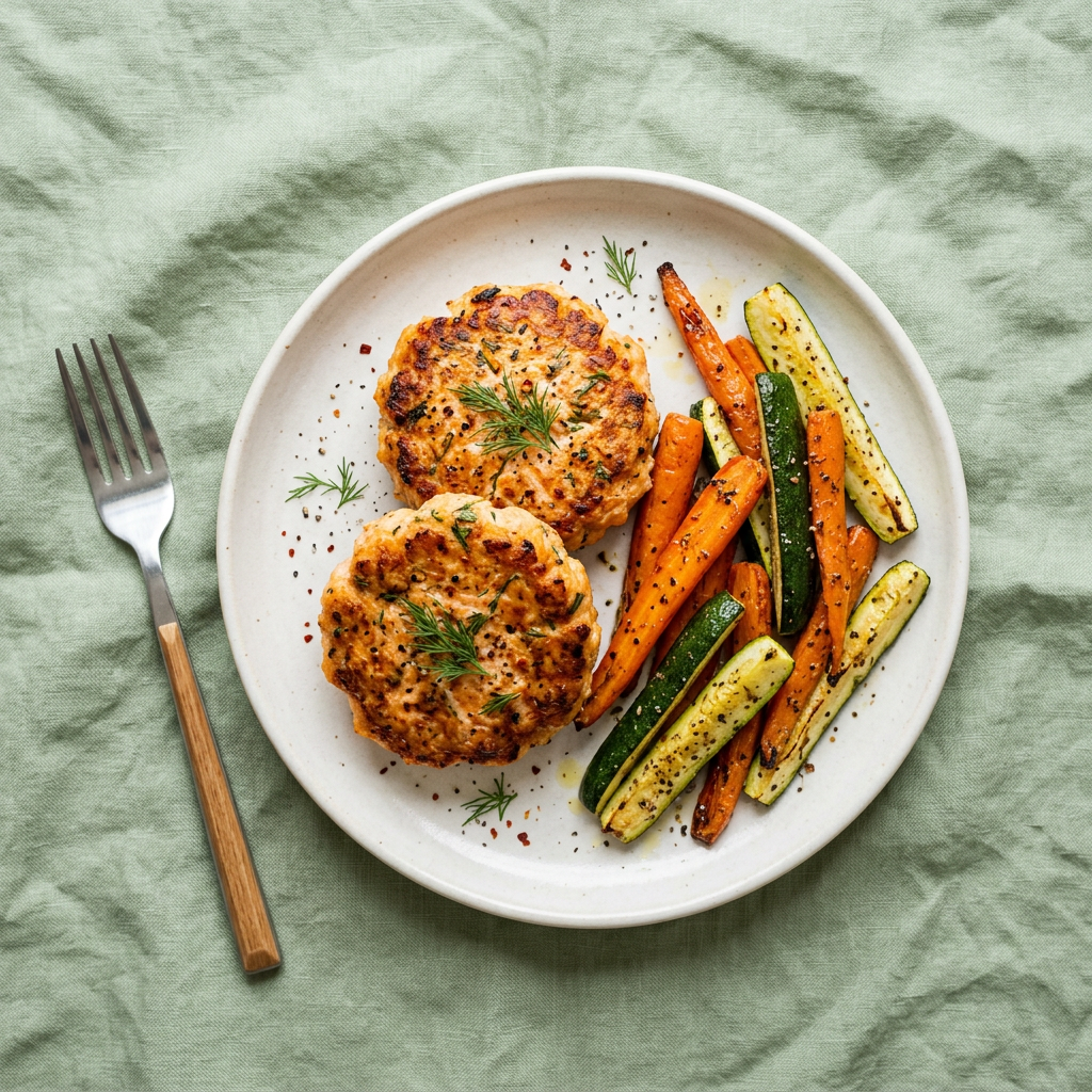 Canned Salmon Burgers with Seasonal Veg
