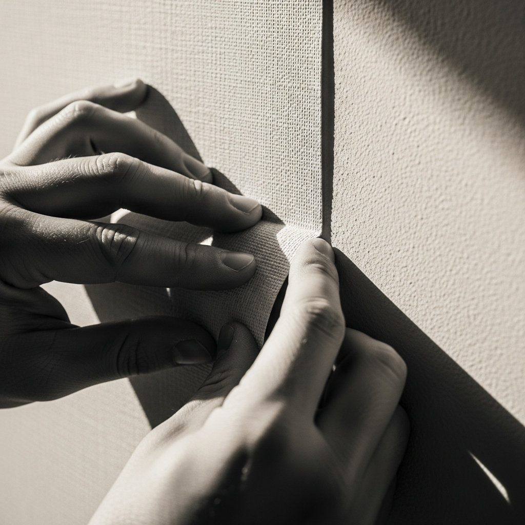 Craftsman aligning a wallpaper seam with precision