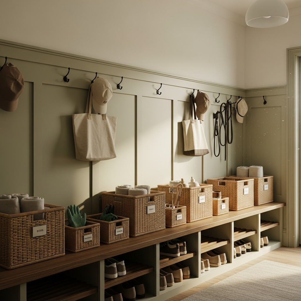 Calm, organized family mudroom