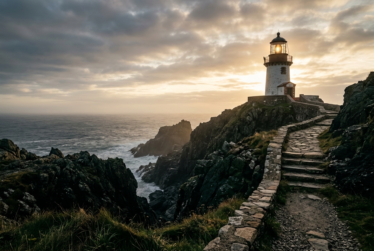 Lighthouse above a coastal path at sunrise