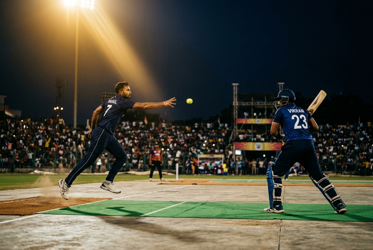 Tennis-ball cricket match action in a floodlit stadium at night