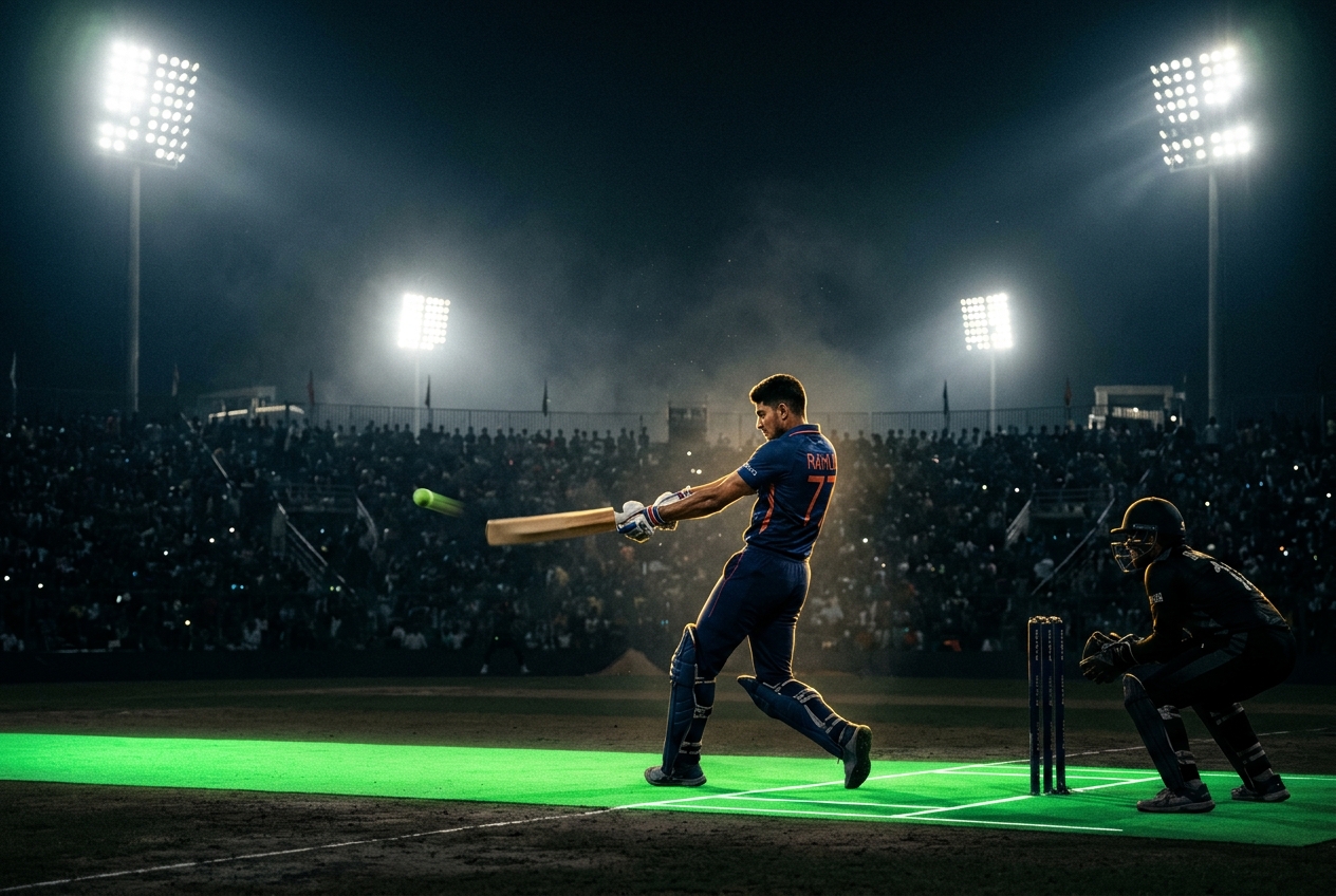 Tennis-ball cricket batsman playing a shot under stadium floodlights