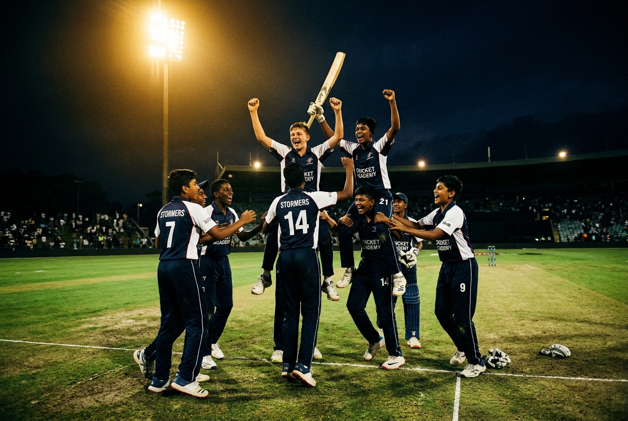 Young cricketers celebrating under floodlights at night