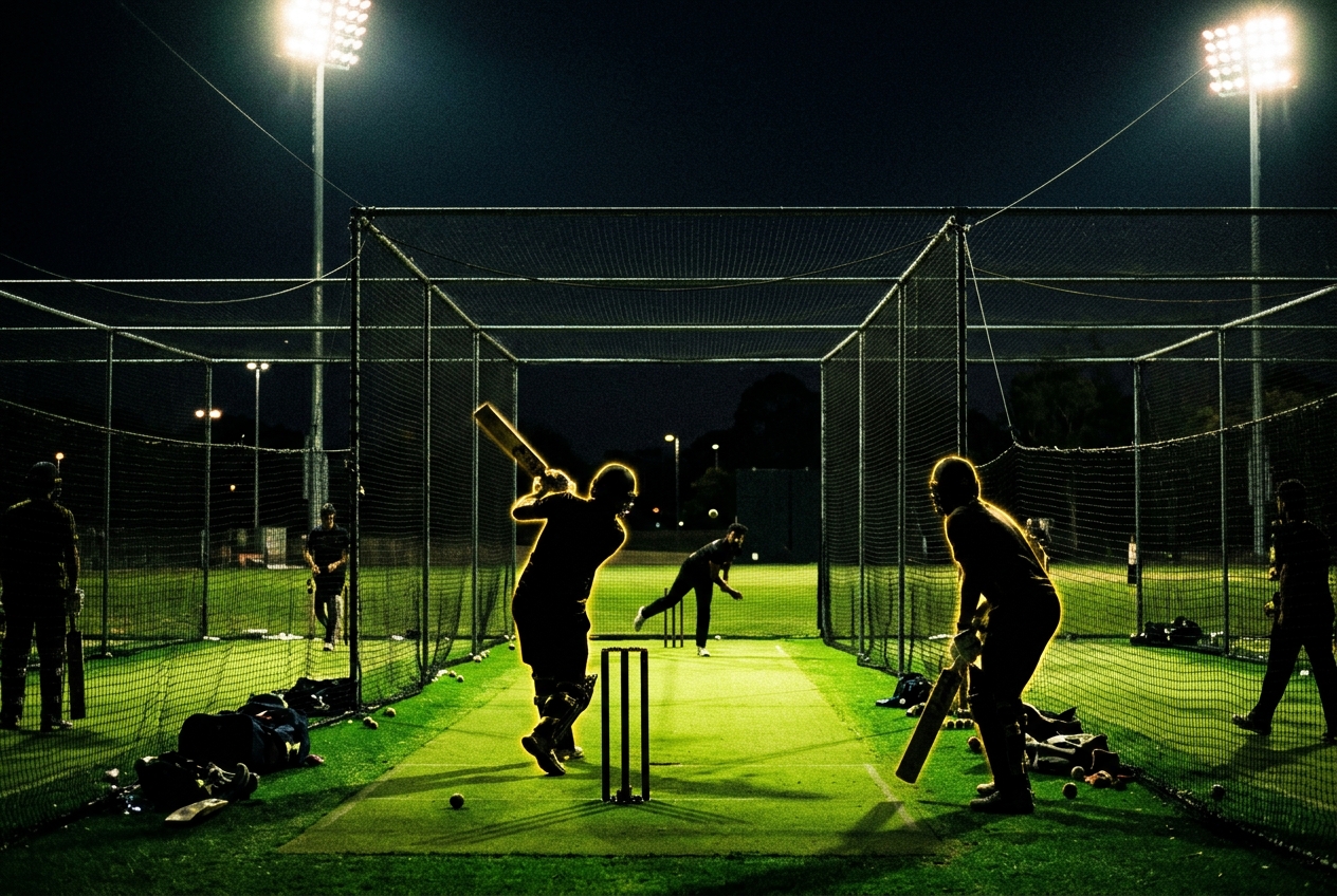 Players training in cricket nets under floodlights at night