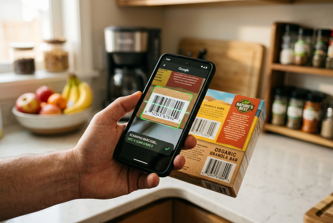 Hand scanning food product barcode with smartphone at home