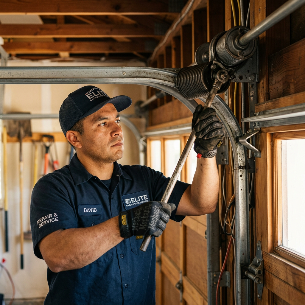 Prosper garage door technician repairing a torsion spring