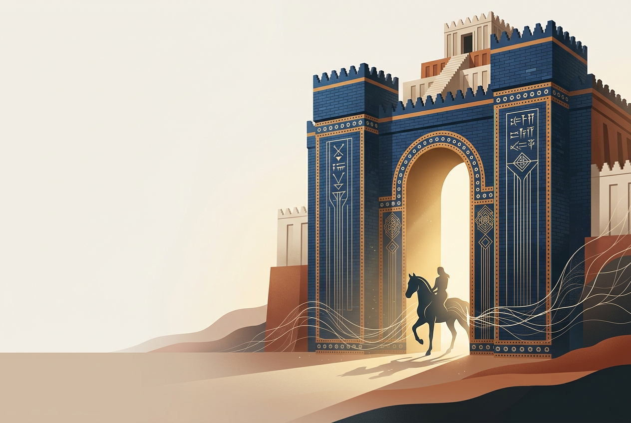 A horse and rider moving through an ancient lapis threshold at golden dawn