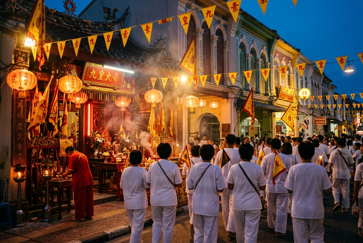Crowd in white walking past a lantern-lit Chinese shrine with yellow festival flags in Phuket Old Town