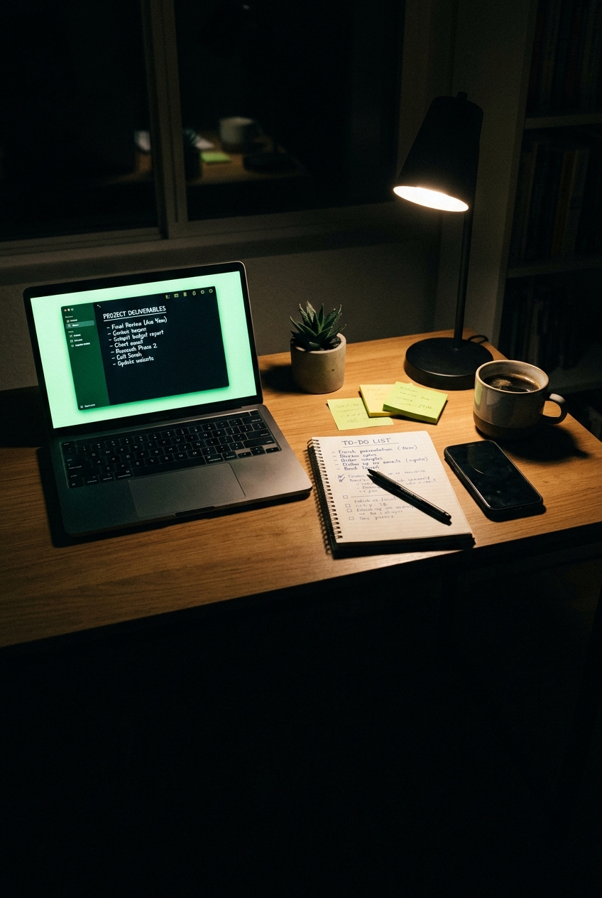 Meja kerja malam hari dengan laptop, buku catatan, dan kopi