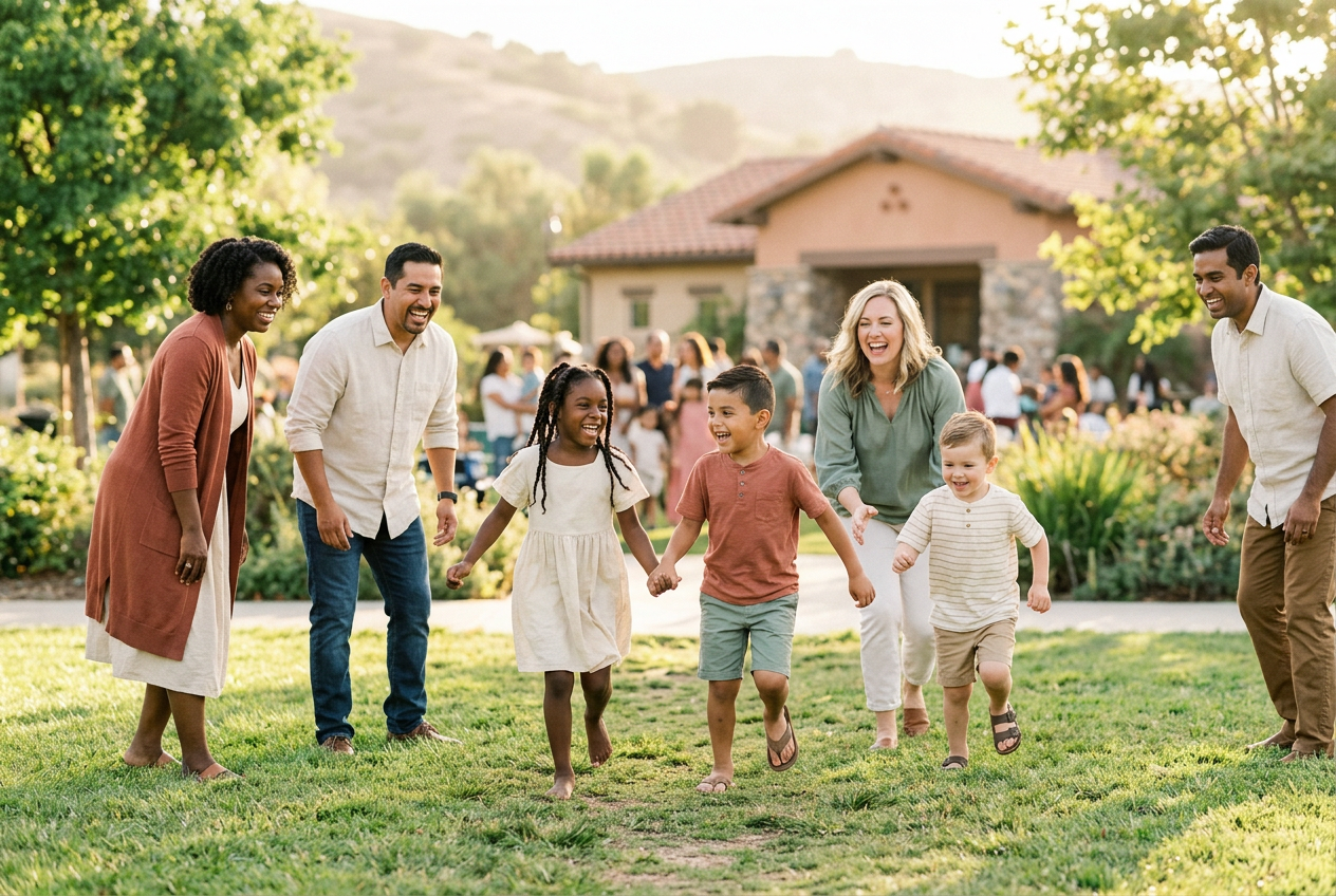Joyful family and children playing together outdoors