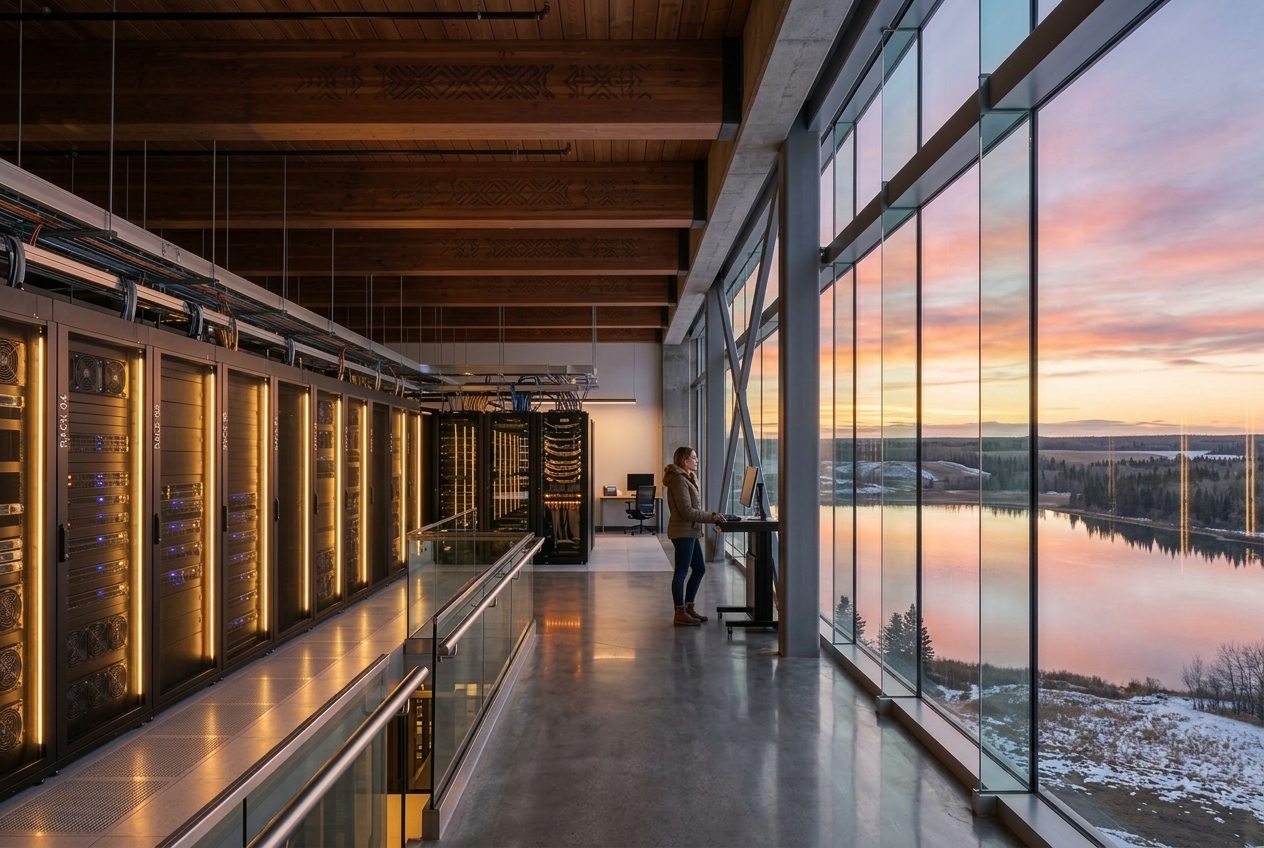 On-site server room overlooking a lake in central Alberta