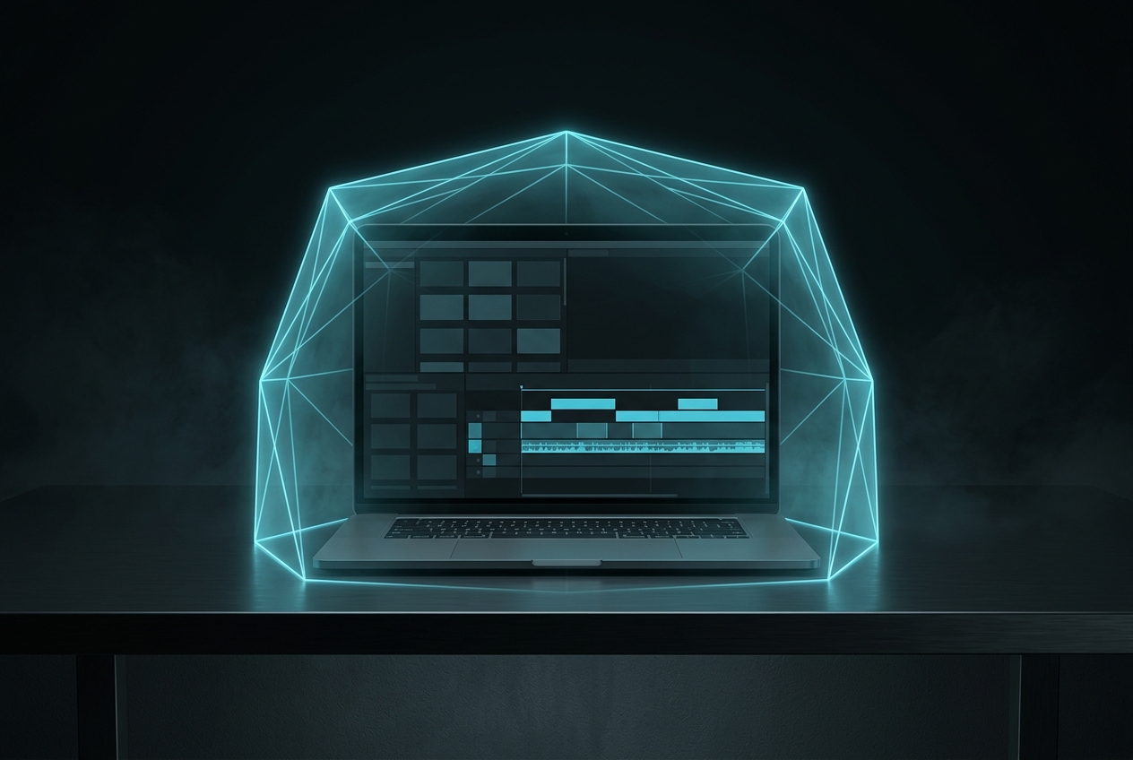 A laptop editing video inside a glowing shield of light, symbolising video footage that stays local on the device instead of being uploaded to a cloud server
