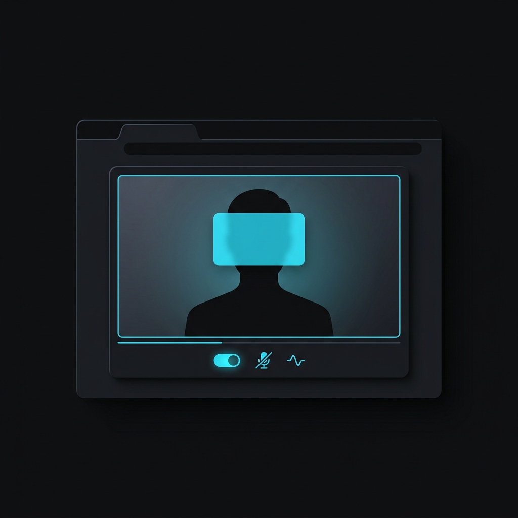 A video frame of a person with a cyan blackout block over their face and a muted audio control, representing redacting faces and muting audio locally in the browser