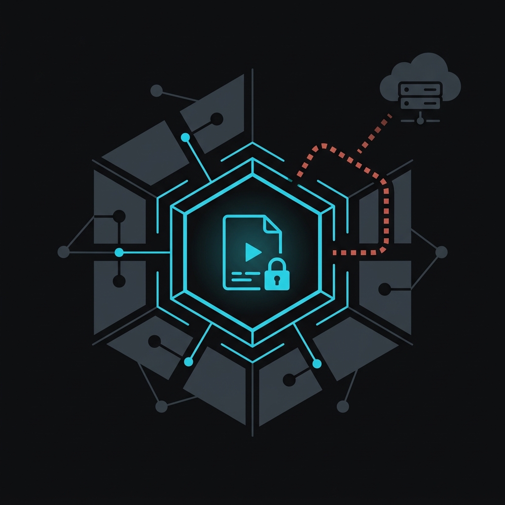 A secure video file enclosed in a vault outline with a broken dotted line showing that no data is sent to a cloud server, representing an unbroken chain of custody