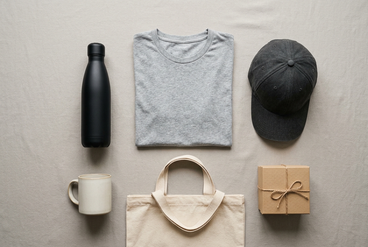 Branded corporate merchandise flatlay including apparel, drinkware and bags