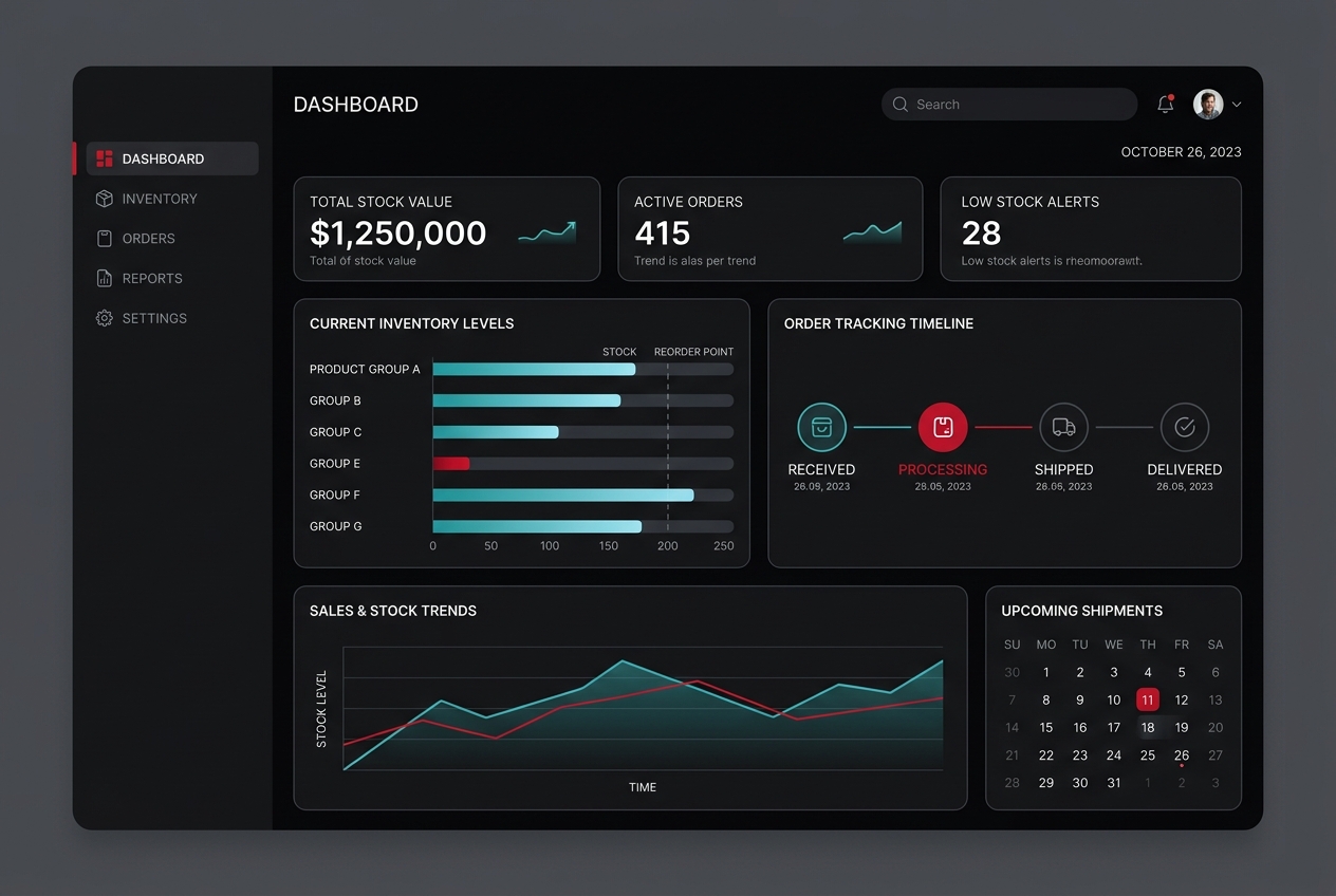 Conceptual MJG client portal dashboard showing inventory levels and order tracking