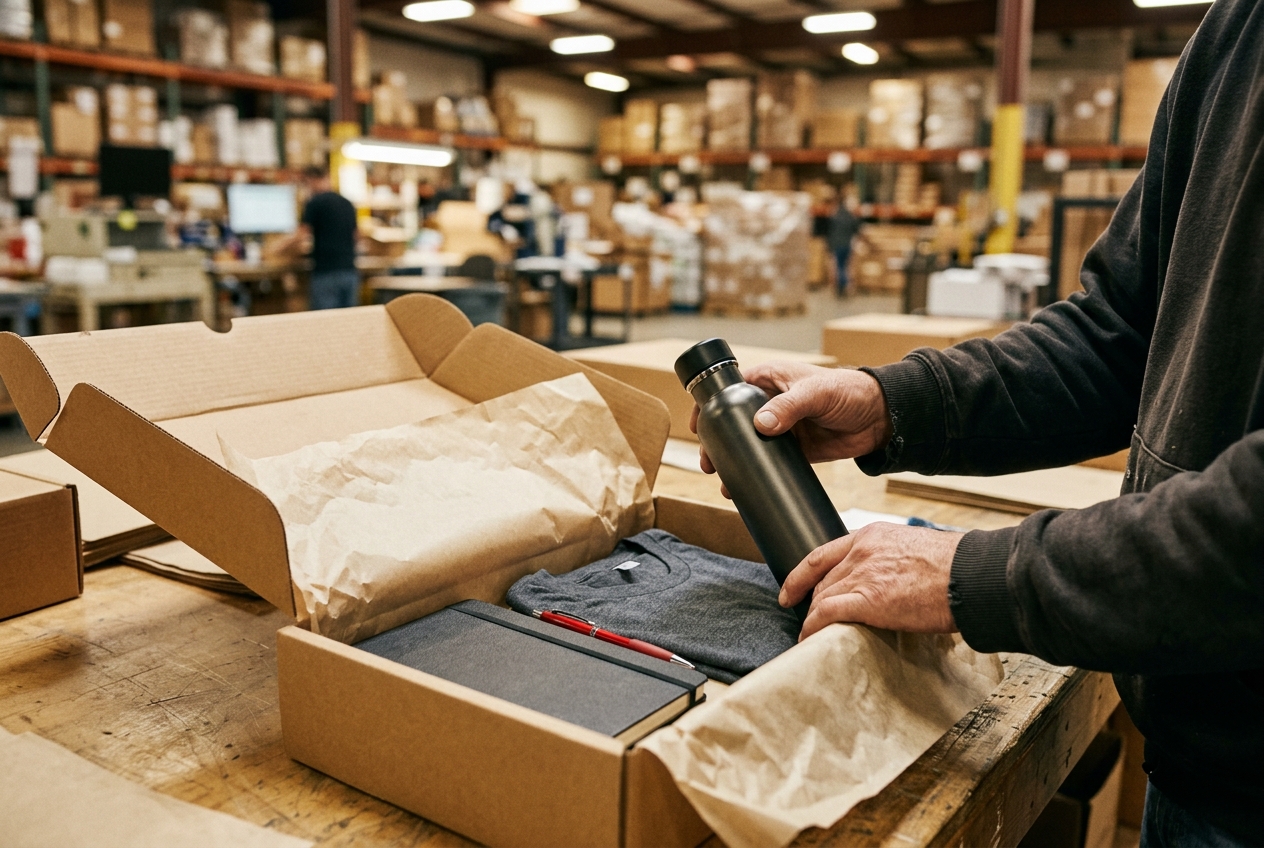 Assembling a branded welcome kit at an MJG packing station