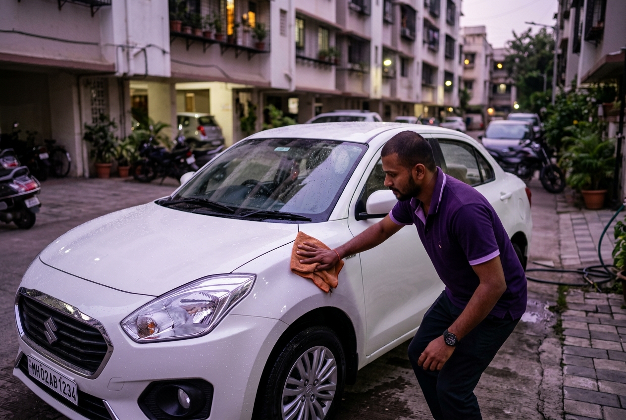 A CARZA service partner professionally cleaning a car in an Indian residential society