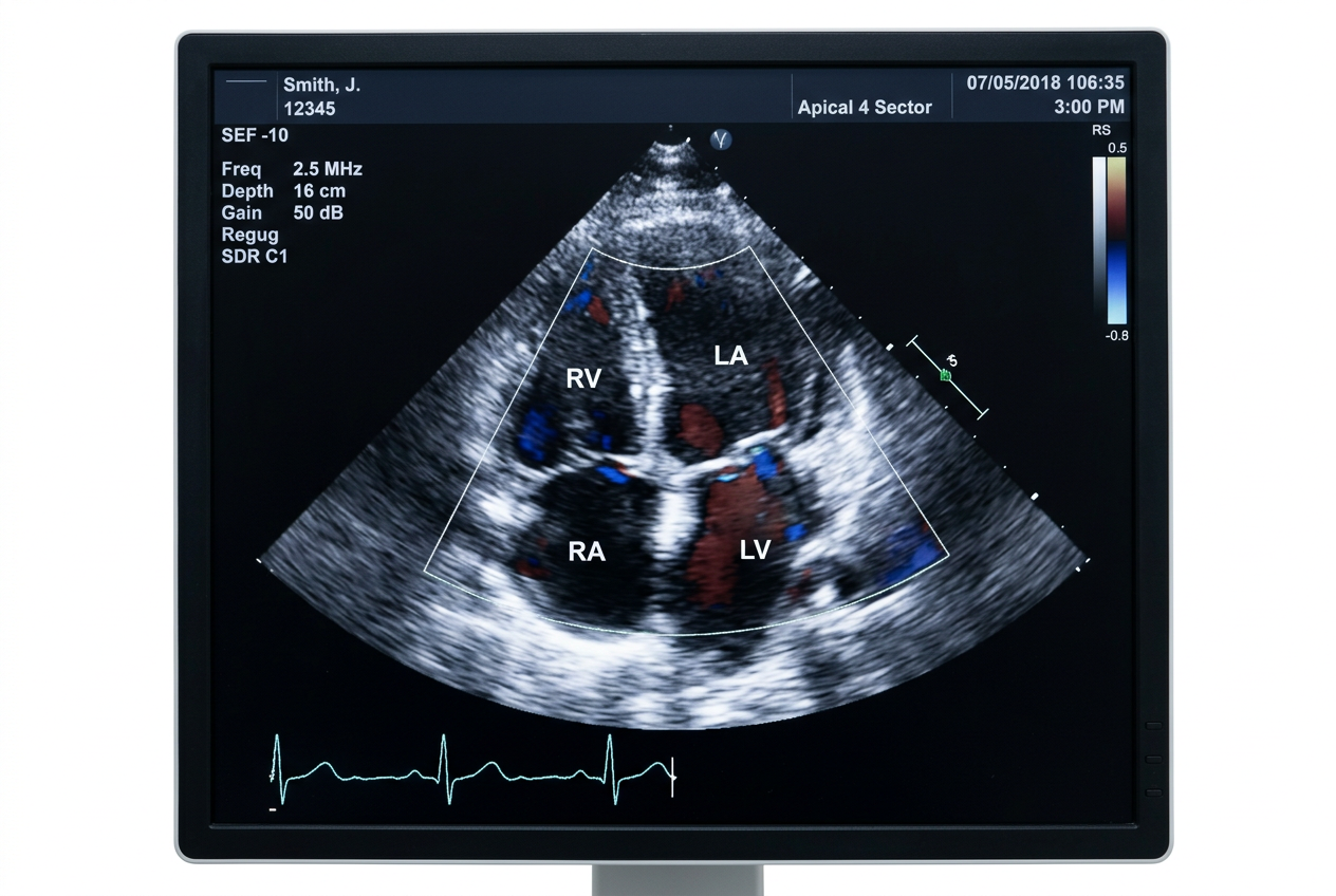 Apical four-chamber echocardiogram view on an ultrasound machine