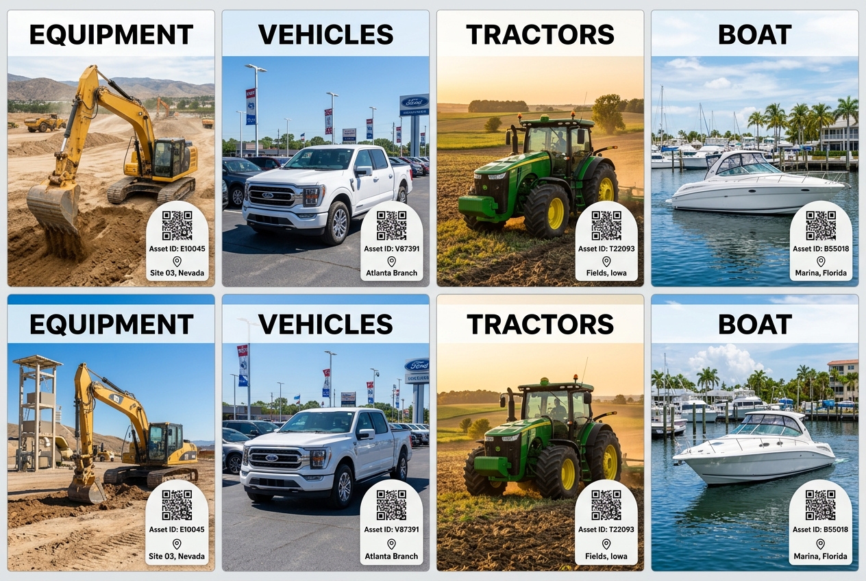 Orbit inventory examples: equipment, vehicles, tractors and boats with QR labels
