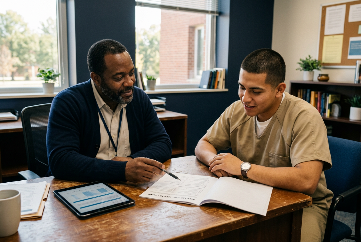 A counselor and participant reviewing a reentry plan