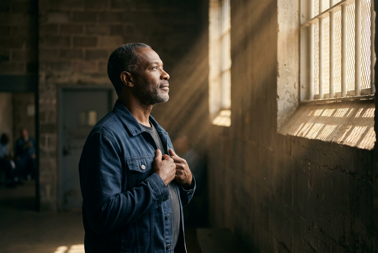 A contemplative moment inside a correctional facility