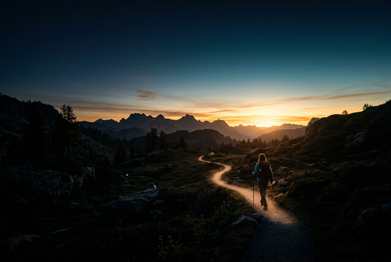 A path opening from darkness toward sunrise