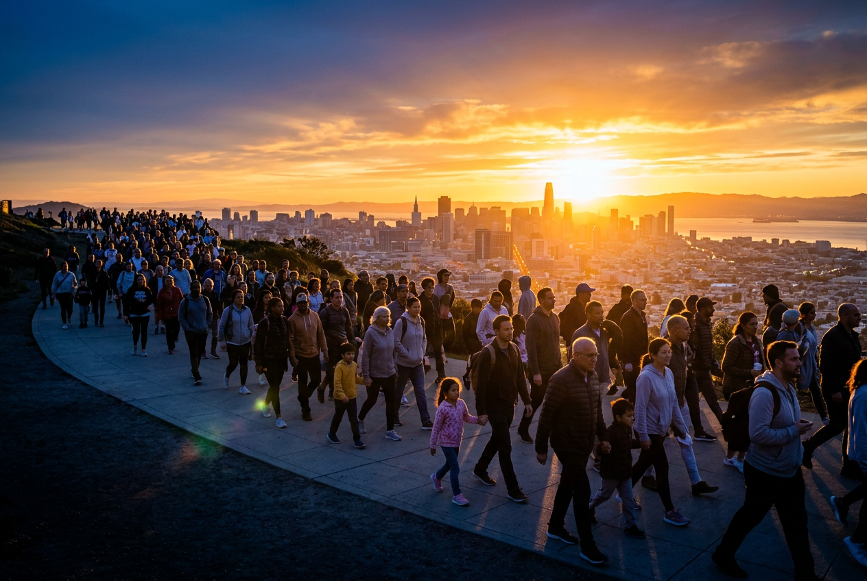 People walking toward opportunity and a brighter future