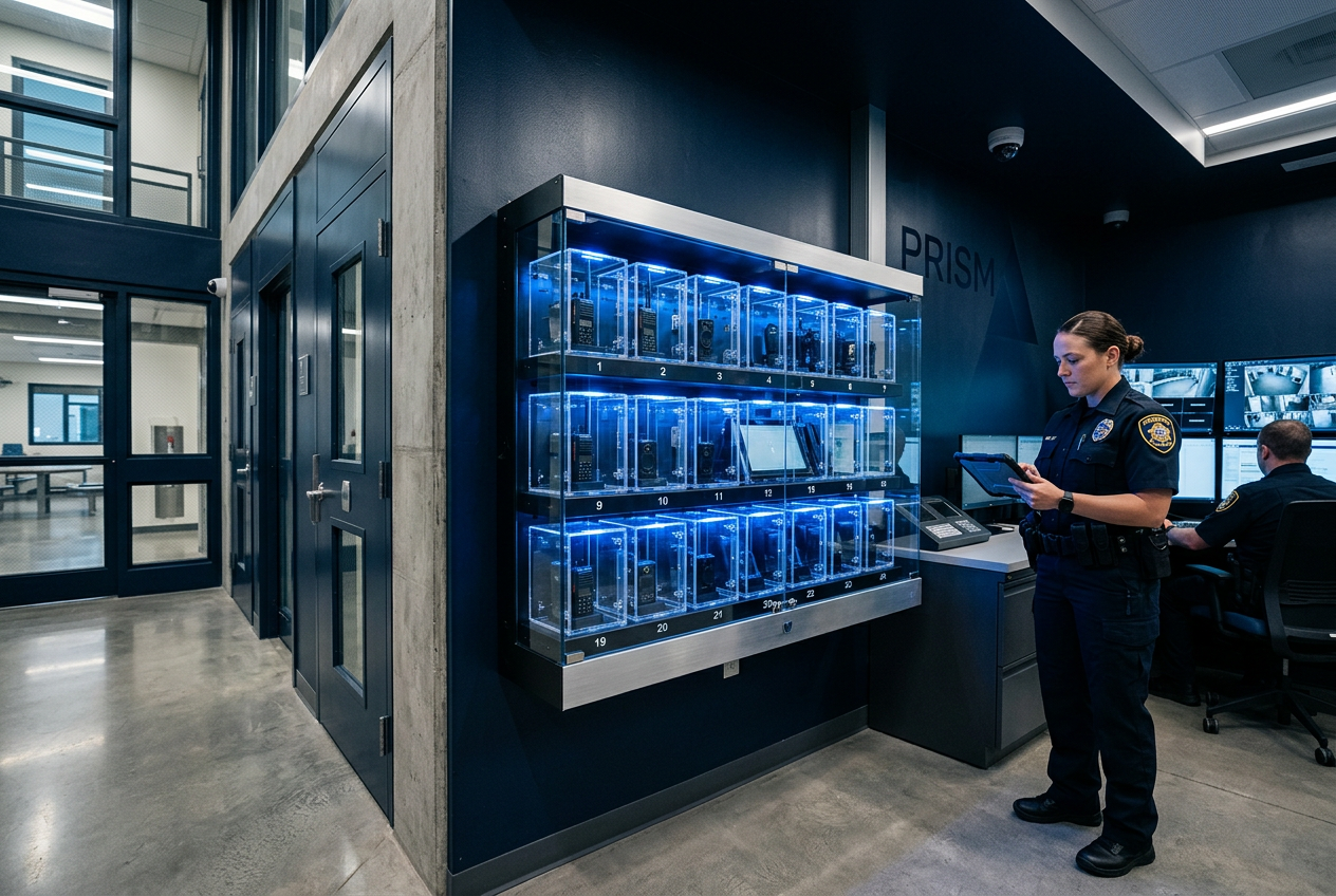 PRISM Secure Charging and Inspection Station inside the officer station