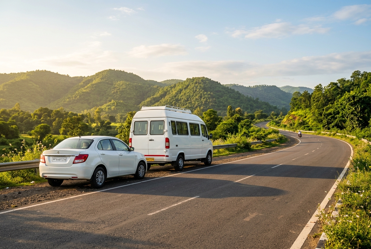 A sedan taxi and a Tempo Traveller on a Madhya Pradesh highway, ready for local and group travel