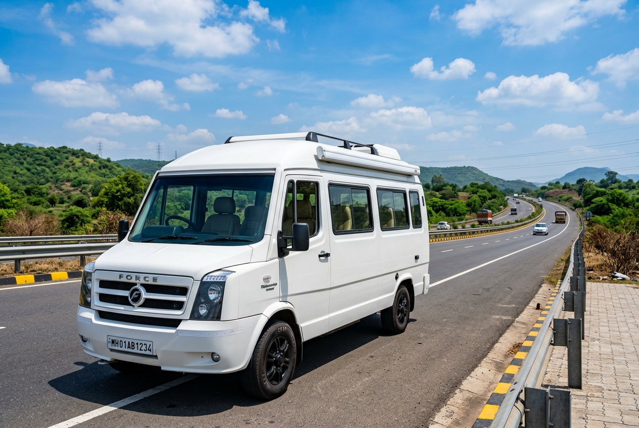 White Force Tempo Traveller minibus parked on a highway, ideal for group travel