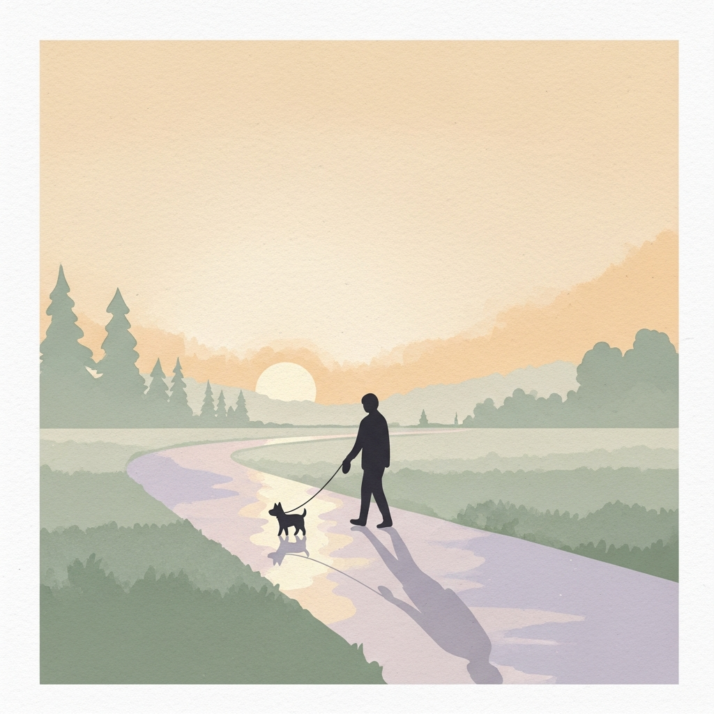 A person walking with their dog on a peaceful path
