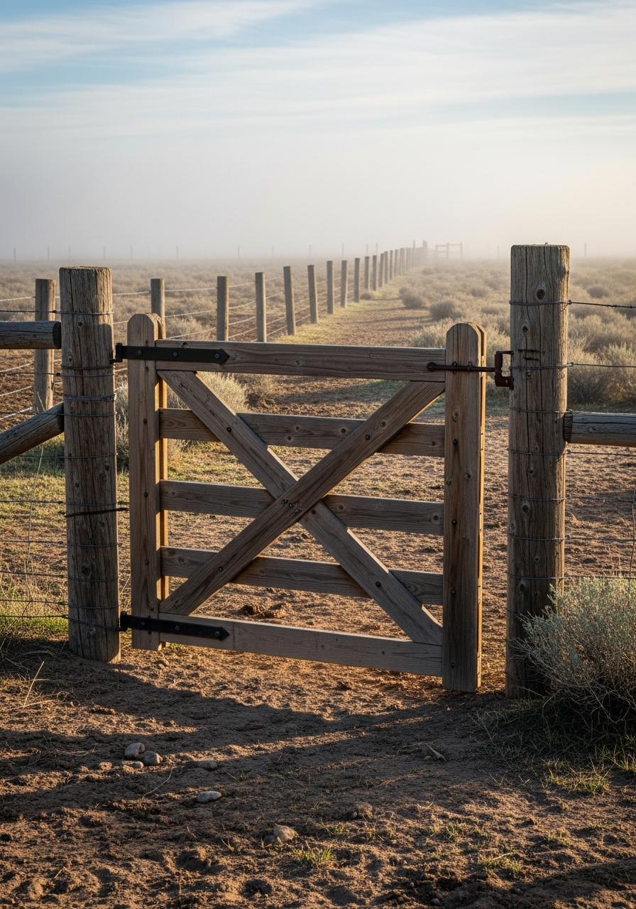 Farm gate with fence posts at dawn