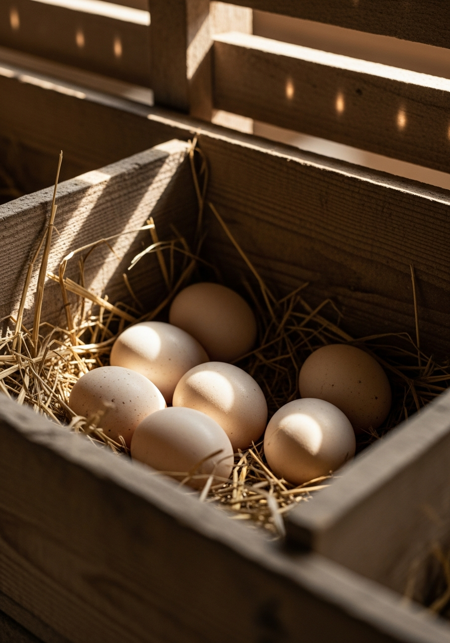 Fresh eggs in rustic nesting box