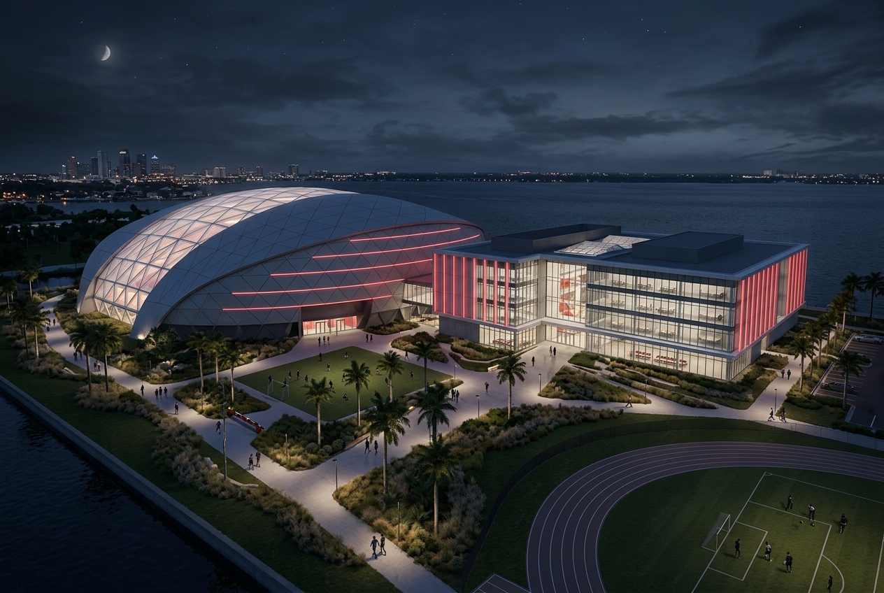 Conceptual aerial rendering of the GAMEDAY campus
