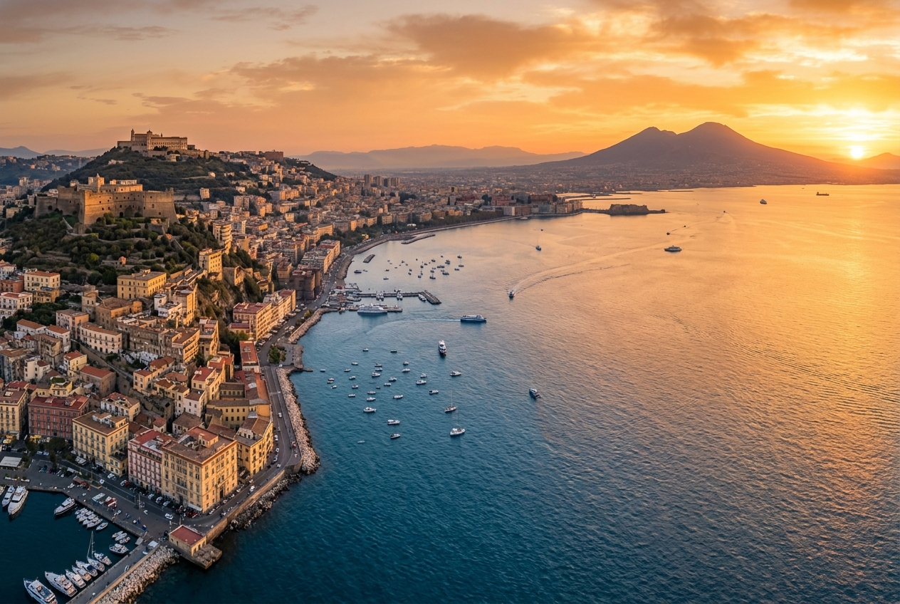 Golfo di Napoli al tramonto con Castel Sant'Elmo e il Vesuvio