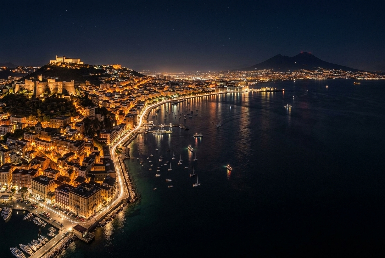 Golfo di Napoli di notte con le luci della città