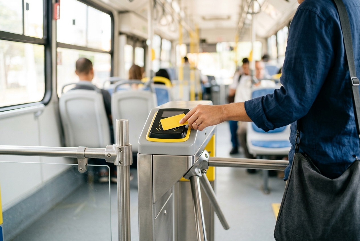 Pessoa passando pela catraca de um ônibus urbano brasileiro com cartão de transporte amarelo