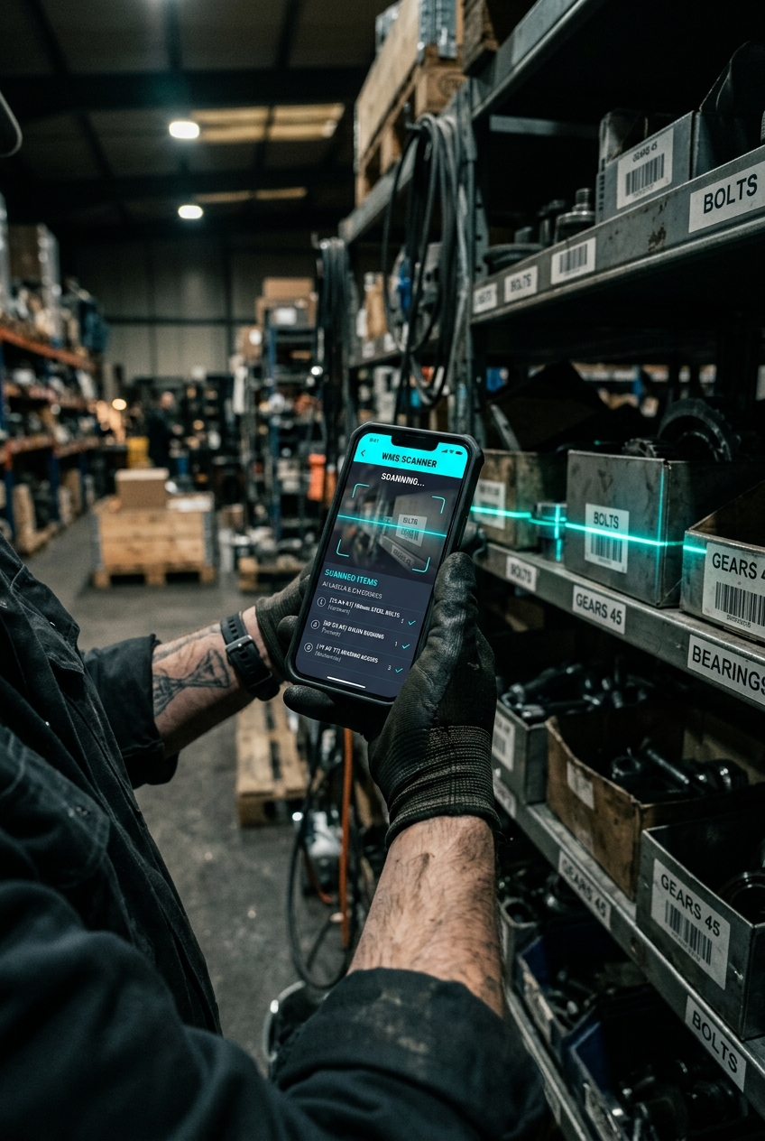 SmartScan Inventory app scanning a warehouse shelf with AI-generated item labels