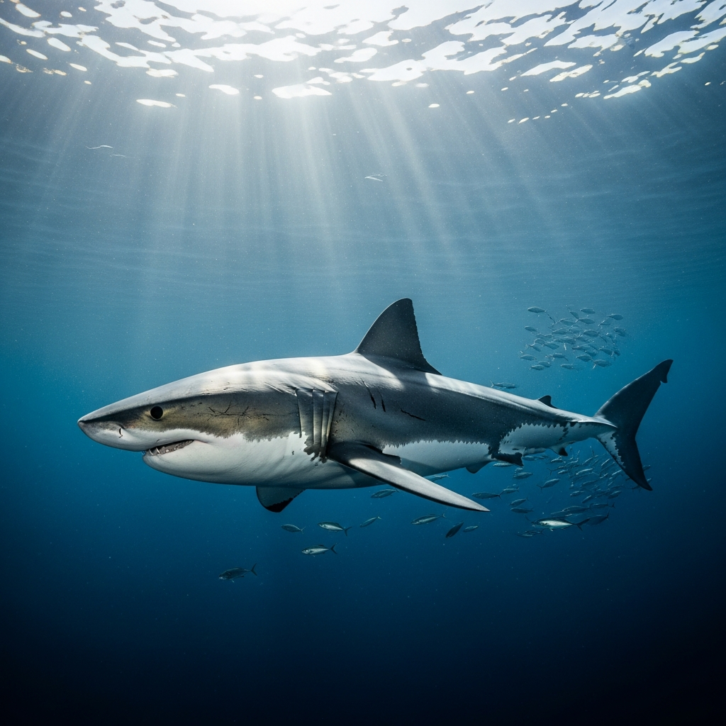 Tiburón nadando en el océano profundo
