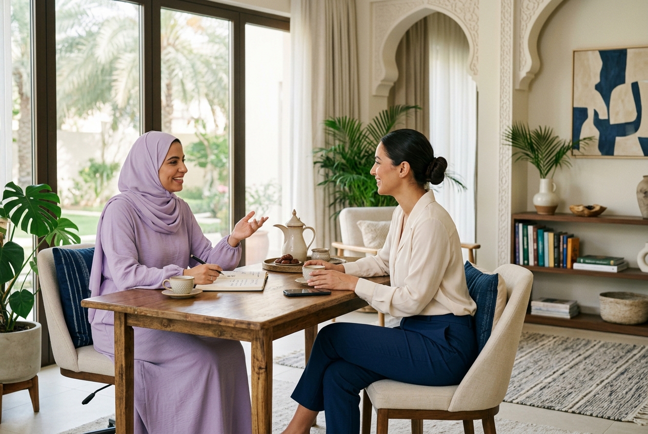 Two care professionals talking through a HAWWA partnership
