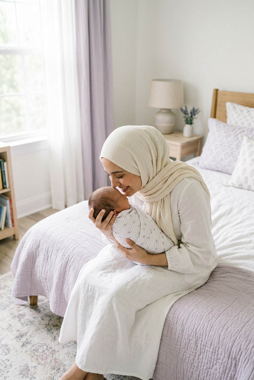 Mother holding her newborn in a calm home