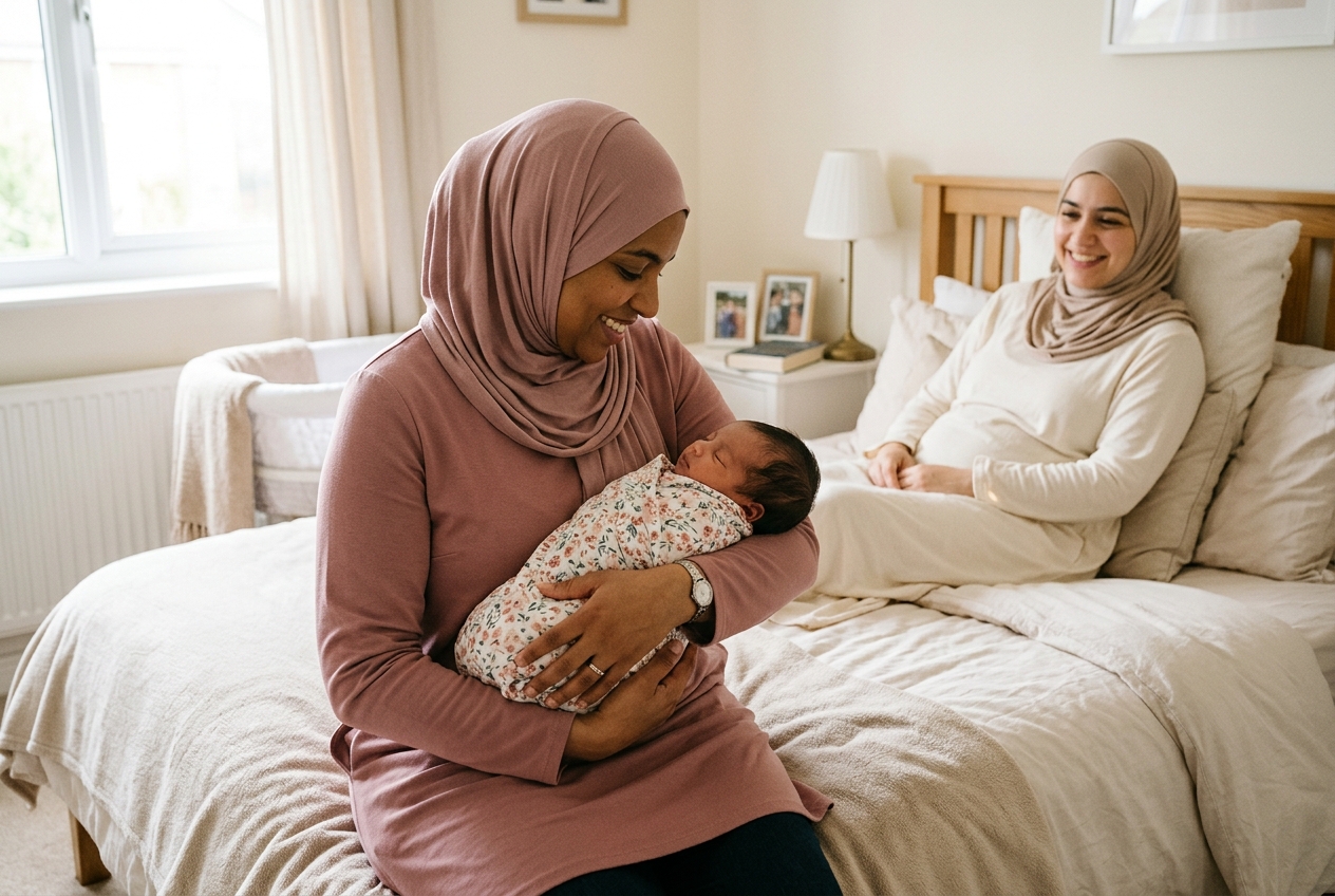 A trusted postpartum caregiver holding the newborn while the mother rests