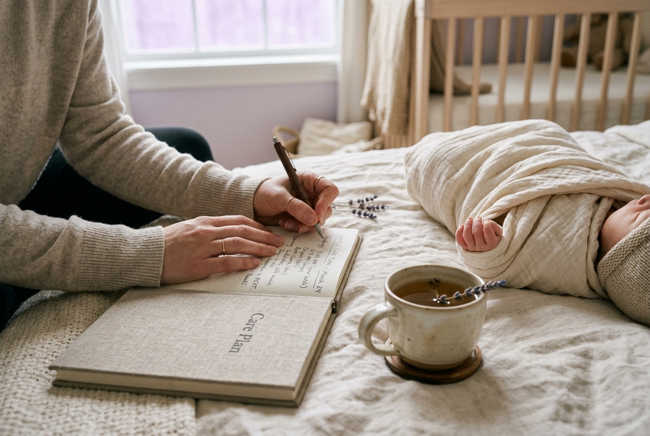 Writing a gentle care plan beside the newborn