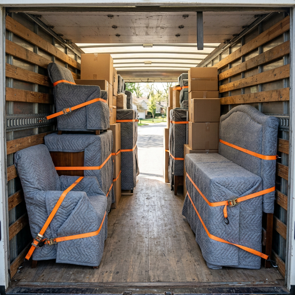 Chargement sécurisé avec couvertures et sangles dans le camion