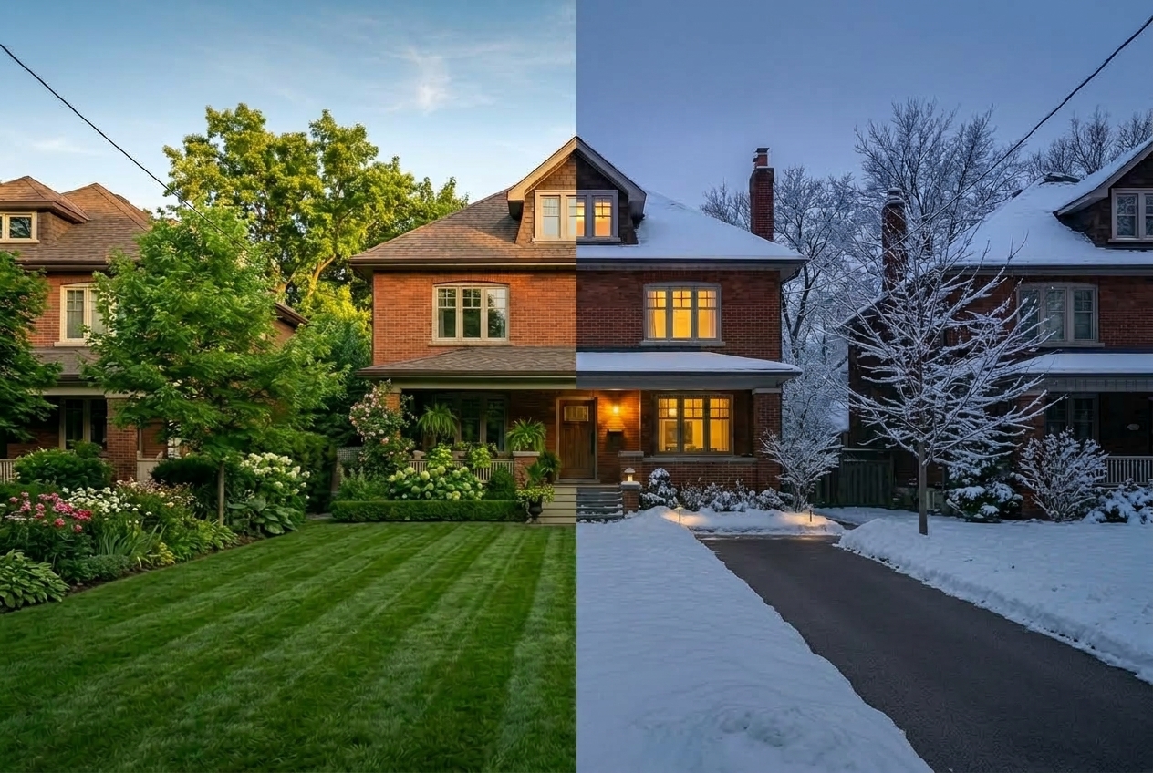 A brick century home shown in a split of lush green summer and snowy winter