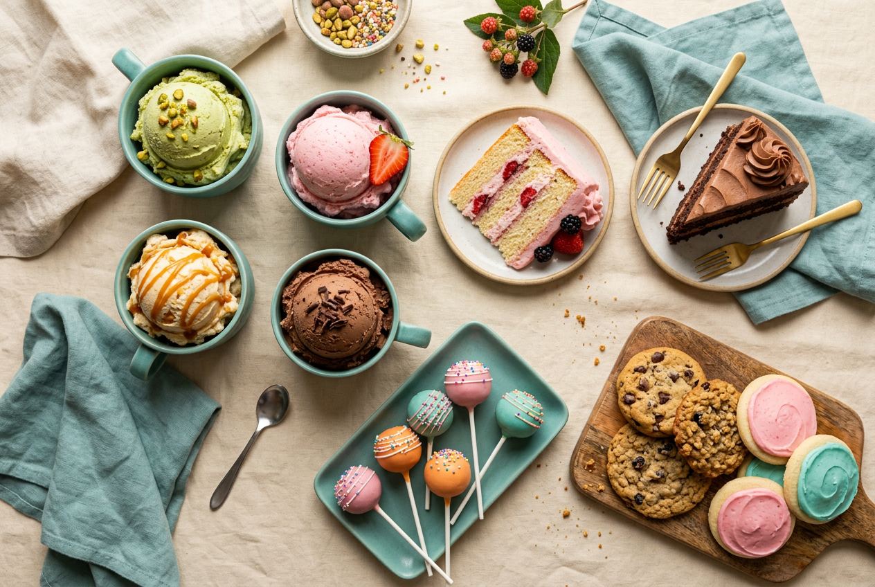 Spread of ice cream scoops and baked desserts