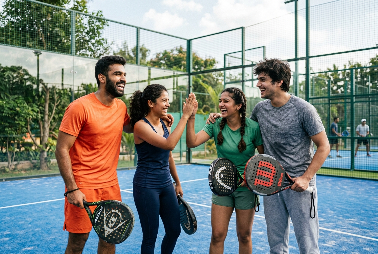 Friends celebrating on a padel court