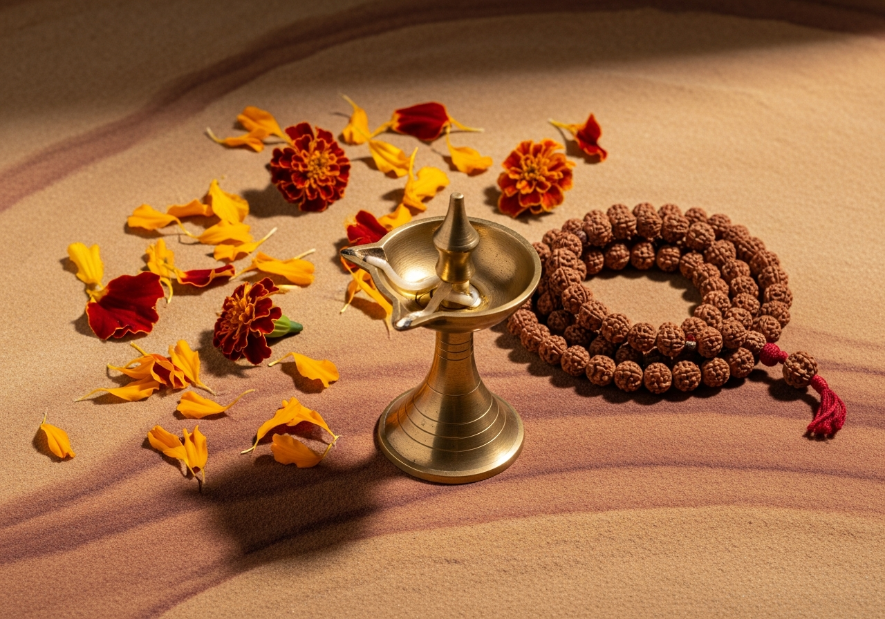 Traditional puja samagri arranged for a Vedic ritual